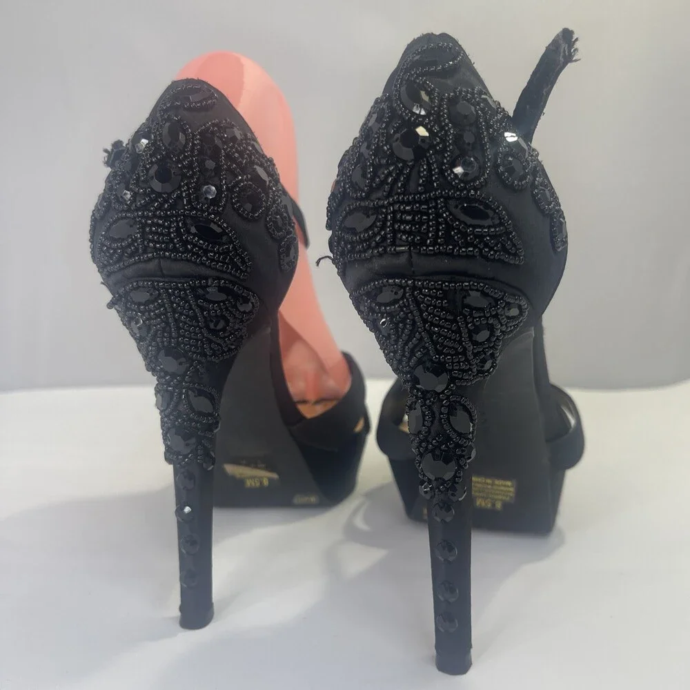 GIANNI BINI CUSTOMIZED BEADED MELISSA 8.5M Black Platform Stiletto Heels WEDDING